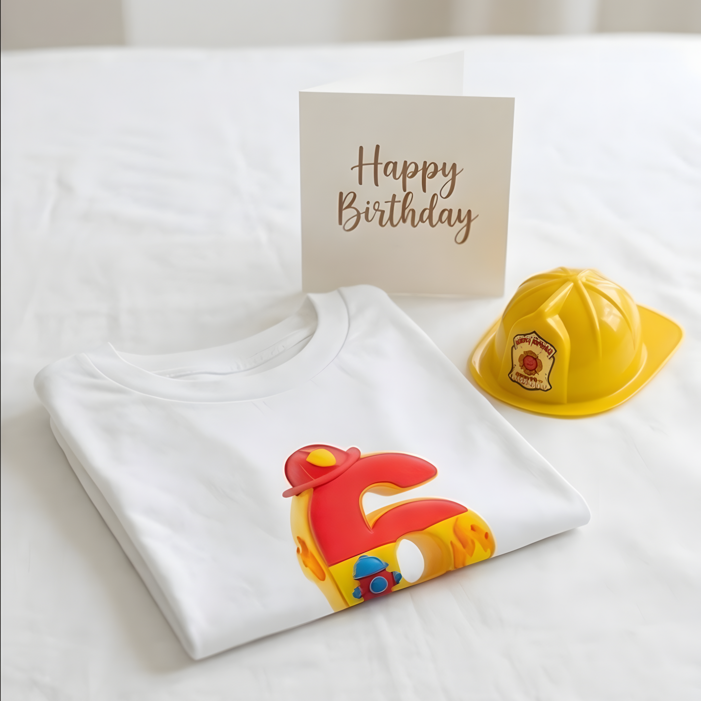 Zusammengelegtes Geburtstagsshirt mit Feuerwehr-Motiv und dem Namen Matteo neben einer Happy Birthday Karte.