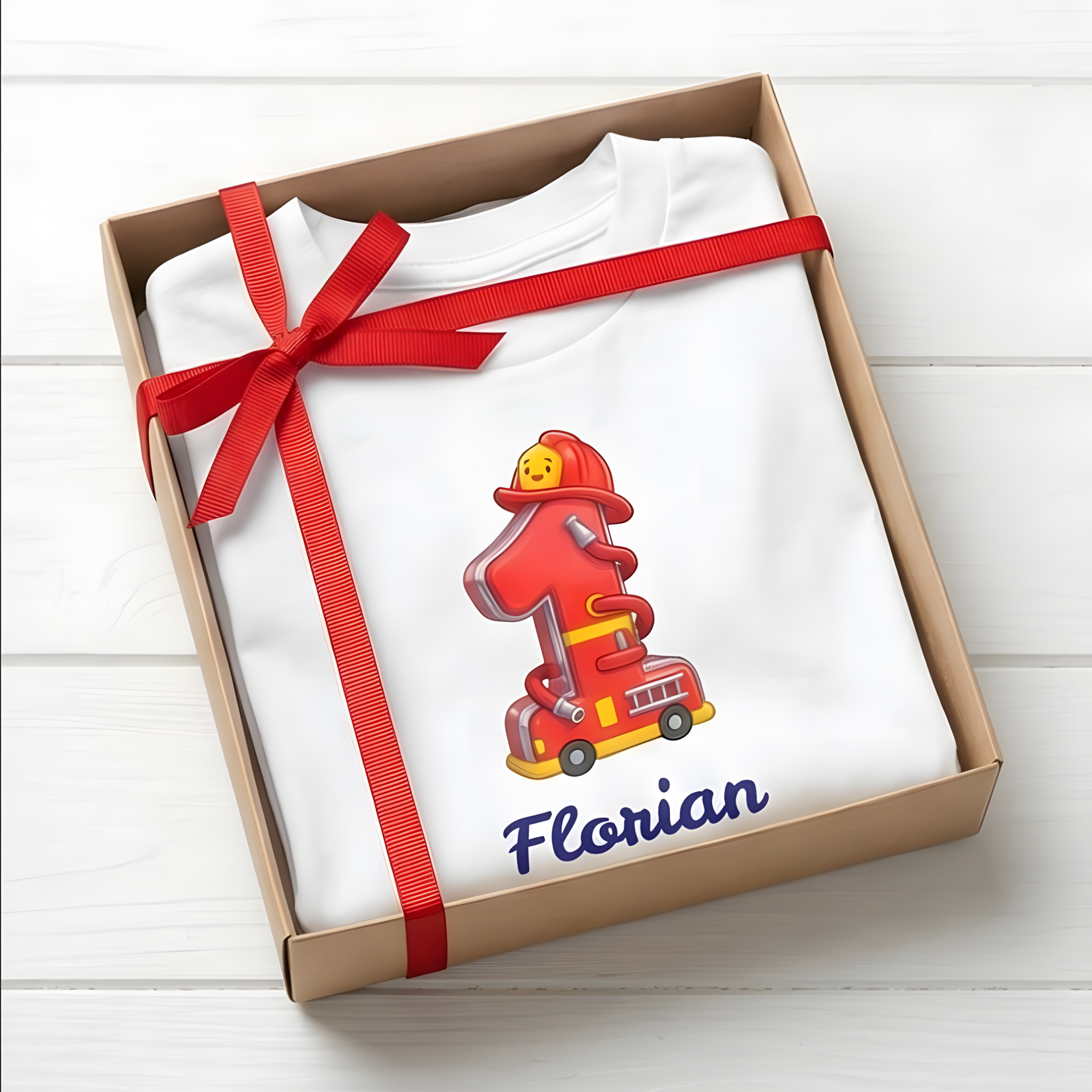Personalisiertes Feuerwehr Kinder-T-Shirt zum 1. Geburtstag, gefaltet in einer Geschenkbox mit roter Schleife.