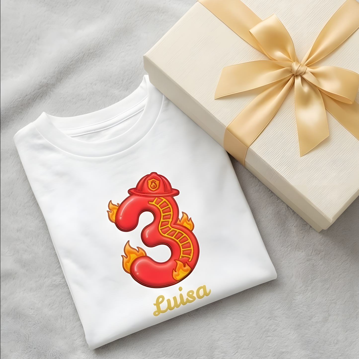 Zusammengelegtes Feuerwehr T-Shirt zum 3. Geburtstag mit dem Namen Elias neben einem weiß-goldenen Geschenk.