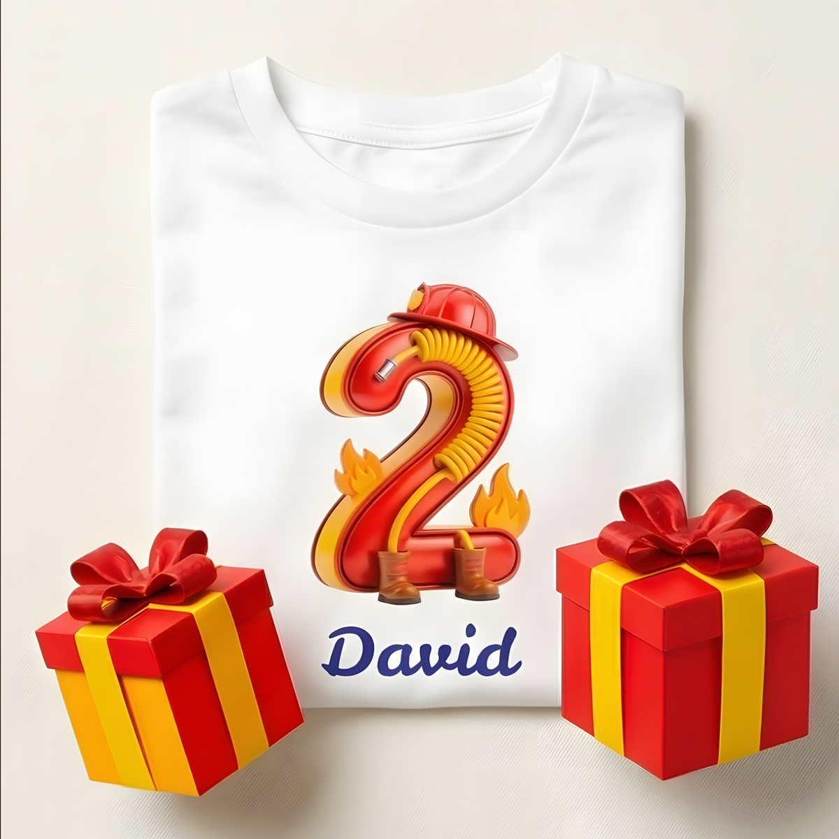 Kinder Geburtstagsshirt mit einer feuerwehrroten 2, umgeben von roten und gelben Geschenken.
