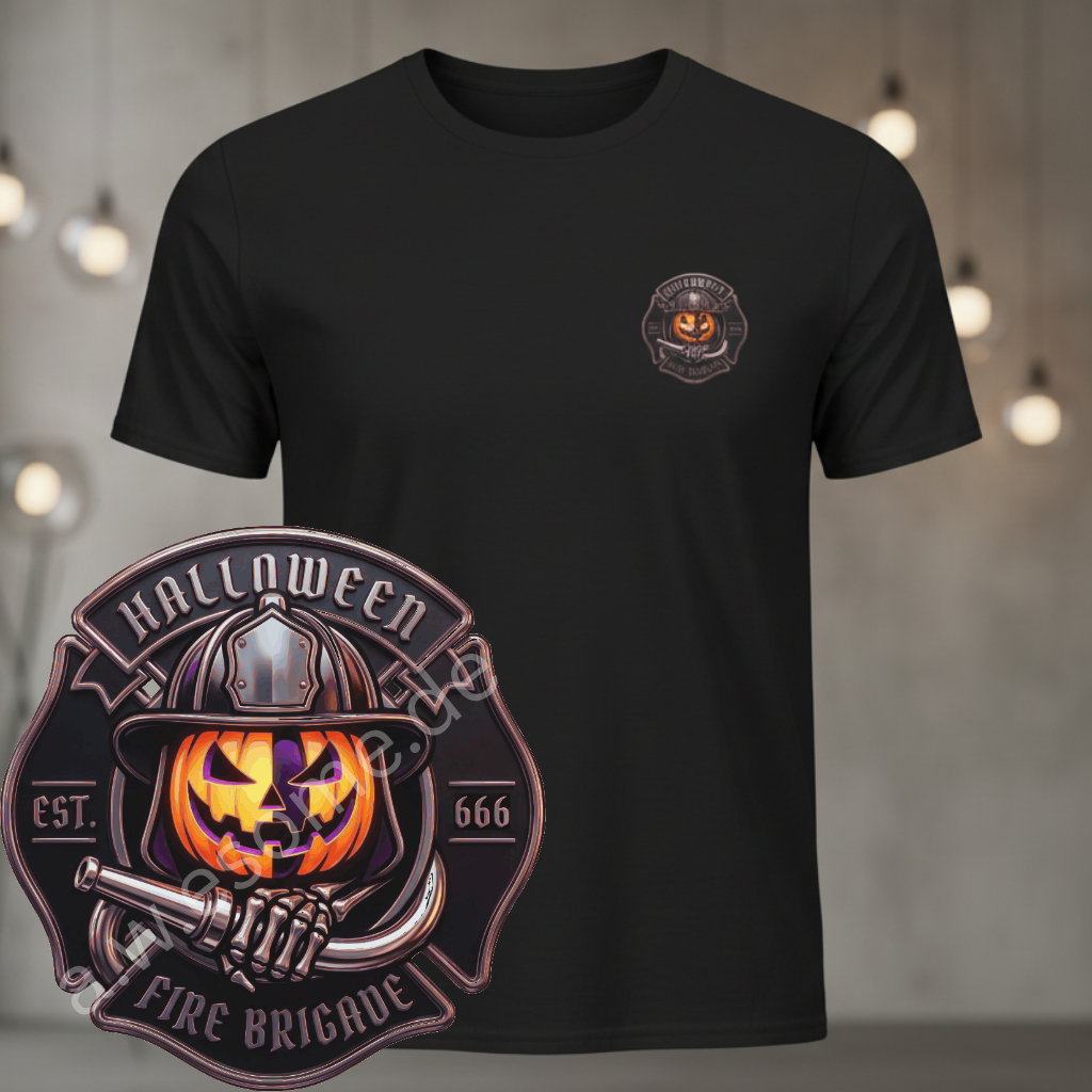 Schwarzes Feuerwehr T-Shirt mit Halloween Fire Brigade Brustprint im Regular Fit, daneben eine vergrößerte Ansicht des Logos.