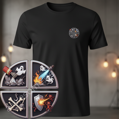 Schwarzes Feuerwehr T-Shirt mit vierteiligem Halloween-Logo auf der Brust, daneben eine vergrößerte Detailansicht der Motive.