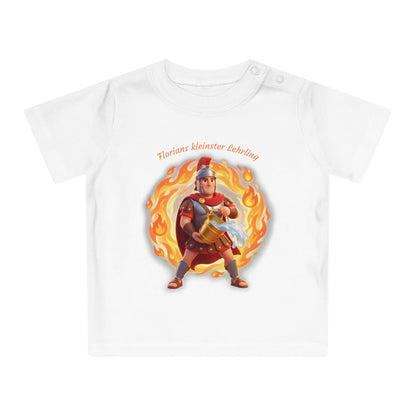 Freigestelltes weißes Baby- und Kleinkind-T-Shirt mit rundem Ausschnitt und dem bunten Schutzpatron-Comicprint auf weißem Hintergrund.