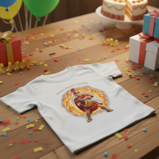 Weißes Feuerwehr Kinder-Shirt flach liegend auf einem Holztisch mit festlicher Dekoration, Luftballons und Geschenken.