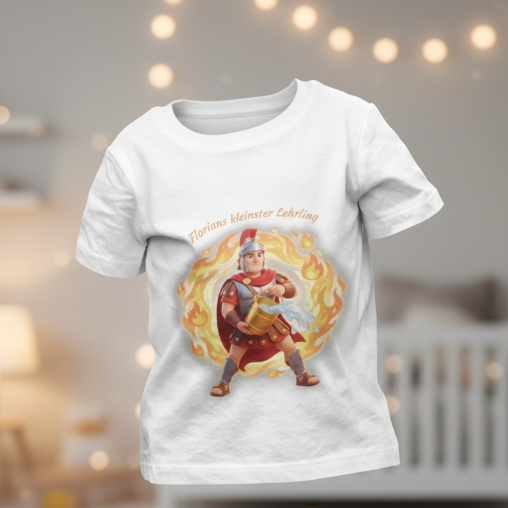 Weißes Baby T-Shirt aus Bio-Baumwolle mit der süßen Illustration Heiliger Florian und dem Schriftzug Florians jüngster Lehrling.