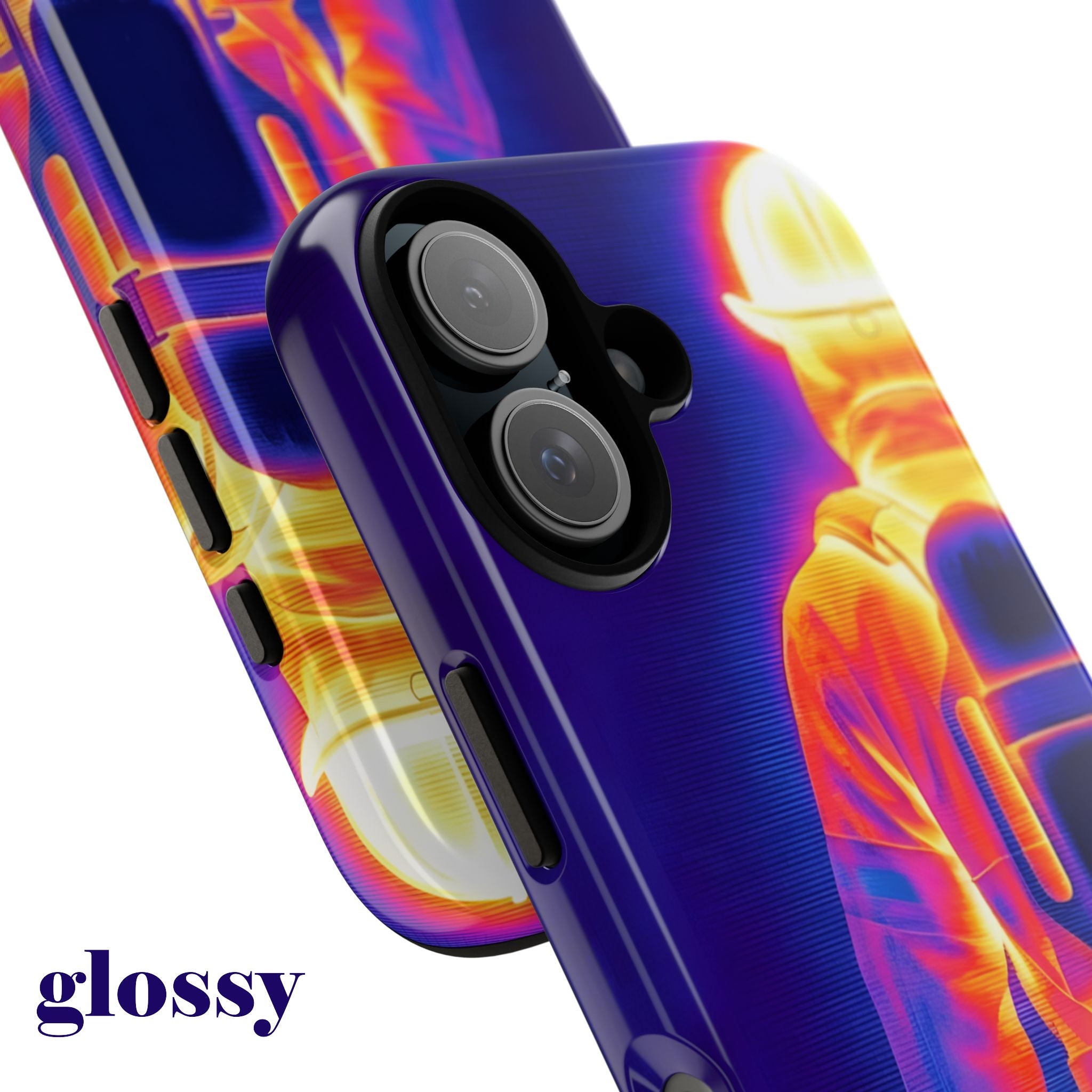 Nahaufnahme der glänzenden (glossy) Schutzhülle mit präzisem Kamera-Ausschnitt für ein iPhone mit Dual-Kamera.