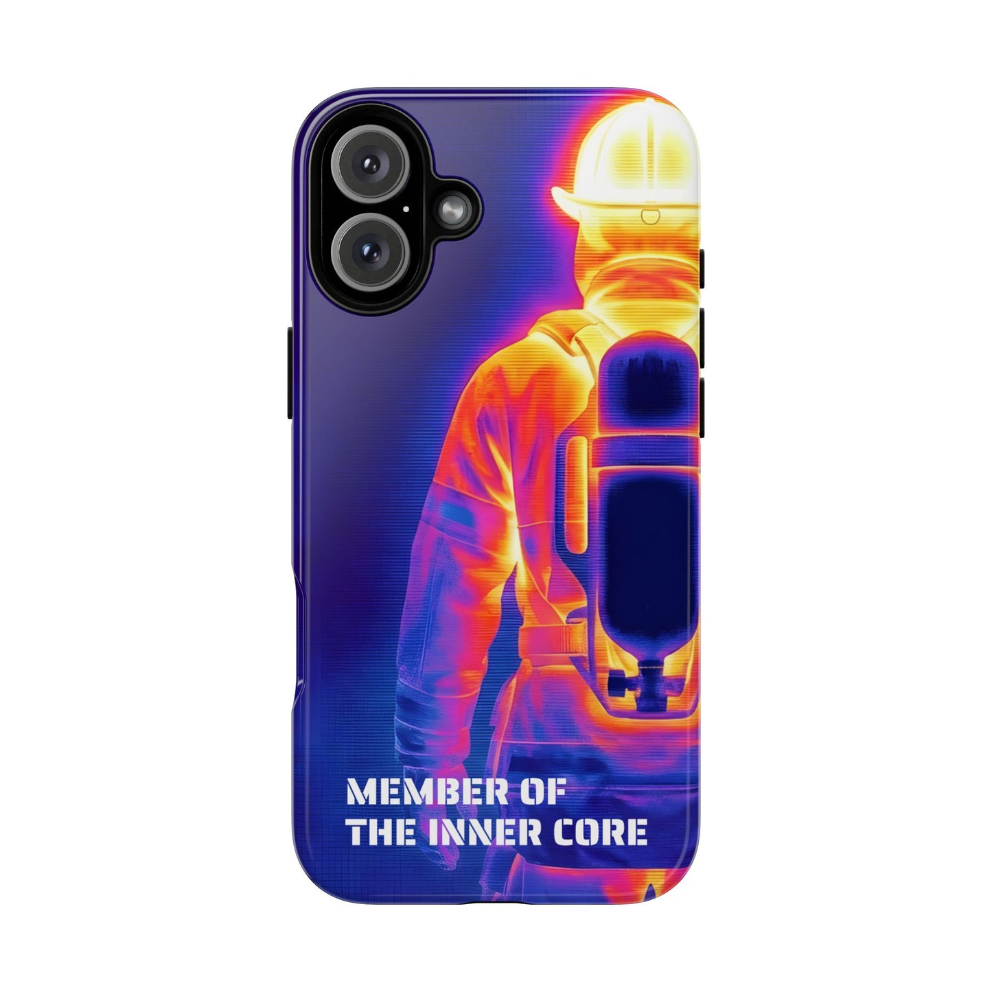 Produktansicht einer iPhone-Hülle für Atemschutzgeräteträger inklusive blauer Kantenabdeckung.