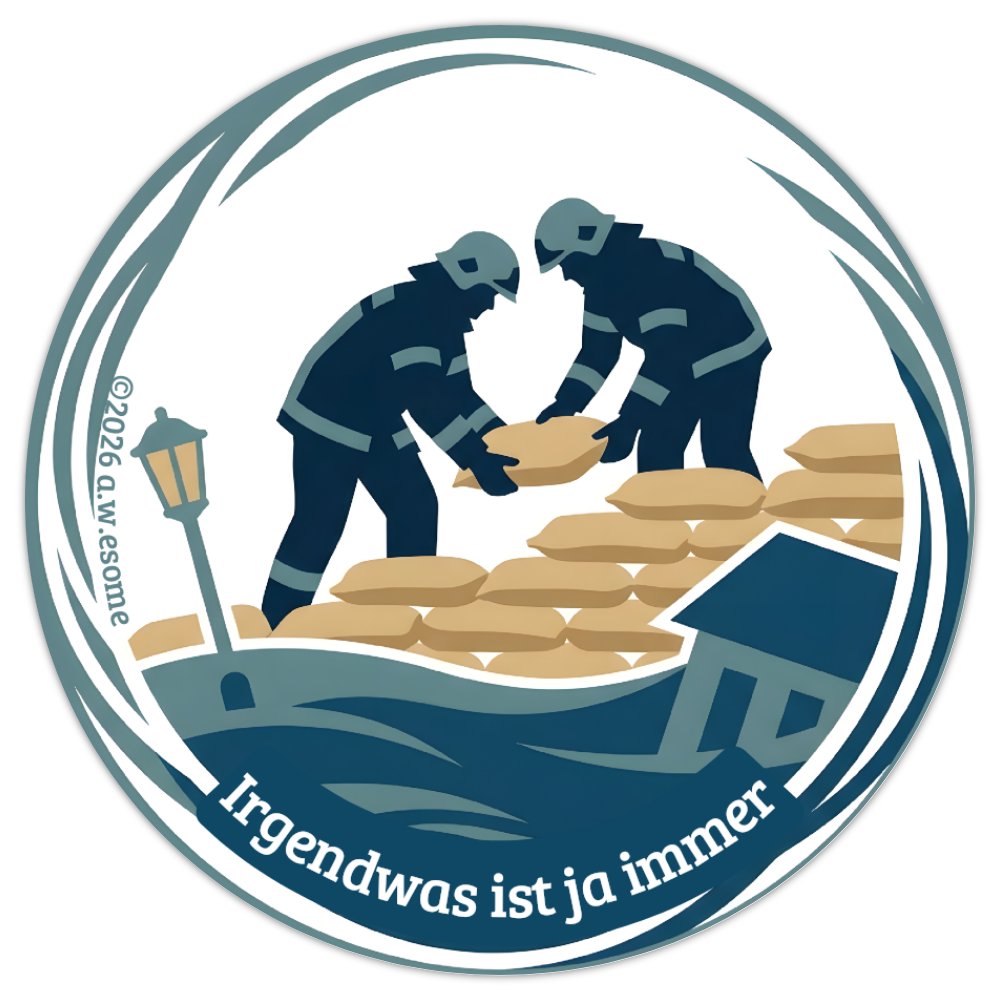 Runder Feuerwehr-Aufkleber Motiv Hochwasser mit zwei Einsatzkräften beim Stapeln von Sandsäcken vor einer Überschwemmung.
