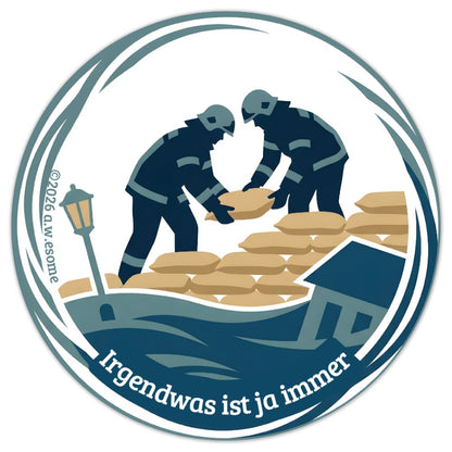 Runder Feuerwehr-Aufkleber Motiv Hochwasser mit zwei Einsatzkräften beim Stapeln von Sandsäcken vor einer Überschwemmung.
