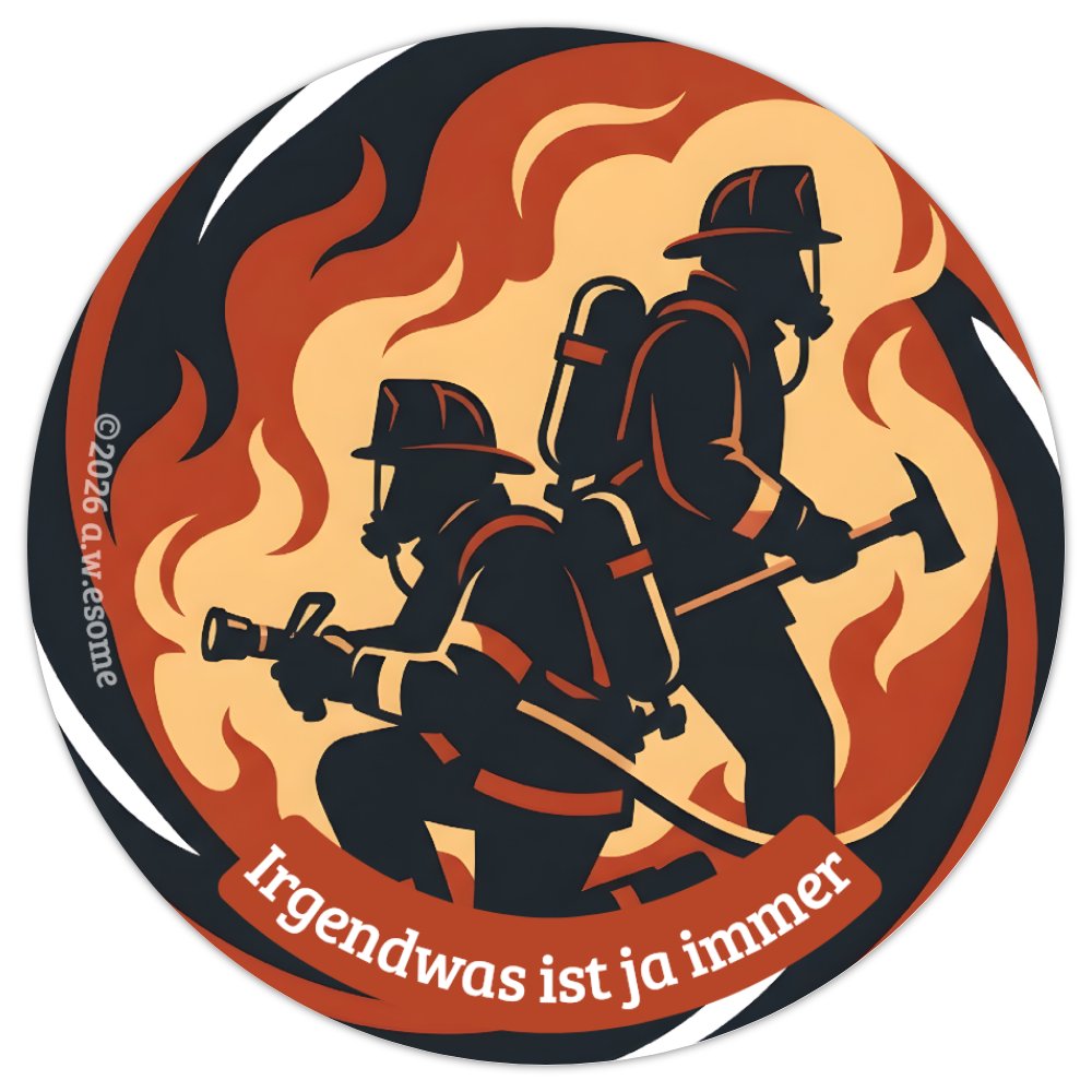 Detailansicht des runden Stickers Motiv Innenangriff mit zwei Atemschutzgeräteträgern im dichten Rauch vor Flammen.

