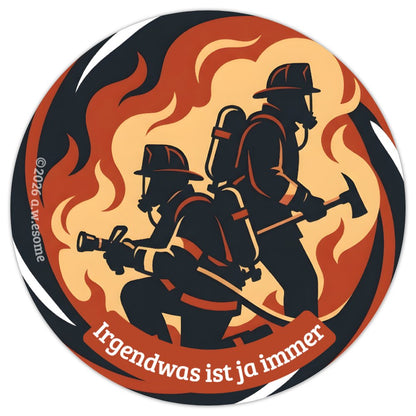 Detailansicht des runden Stickers Motiv Innenangriff mit zwei Atemschutzgeräteträgern im dichten Rauch vor Flammen.
