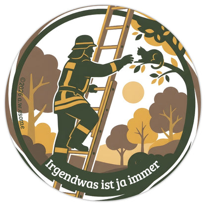 Grafik des humorvollen Feuerwehr-Stickers Motiv Katze im Baum mit einem Feuerwehrmann auf einer Leiter und einer Katze.
