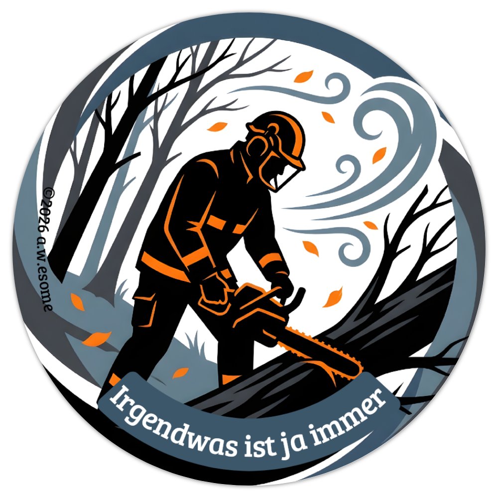 Grafik des Feuerwehr-Aufklebers Motiv Unwetter mit einer Einsatzkraft mit Motorkettensäge bei starkem Wind und Sturm.
