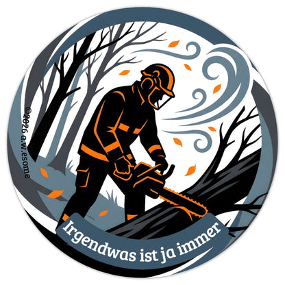 Grafik des Feuerwehr-Aufklebers Motiv Unwetter mit einer Einsatzkraft mit Motorkettensäge bei starkem Wind und Sturm.
