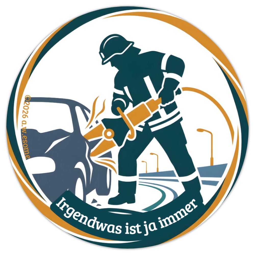 Grafik des runden Stickers Motiv Technische Hilfeleistung (THL) mit einem Feuerwehrmann und hydraulischem Rettungssatz.

