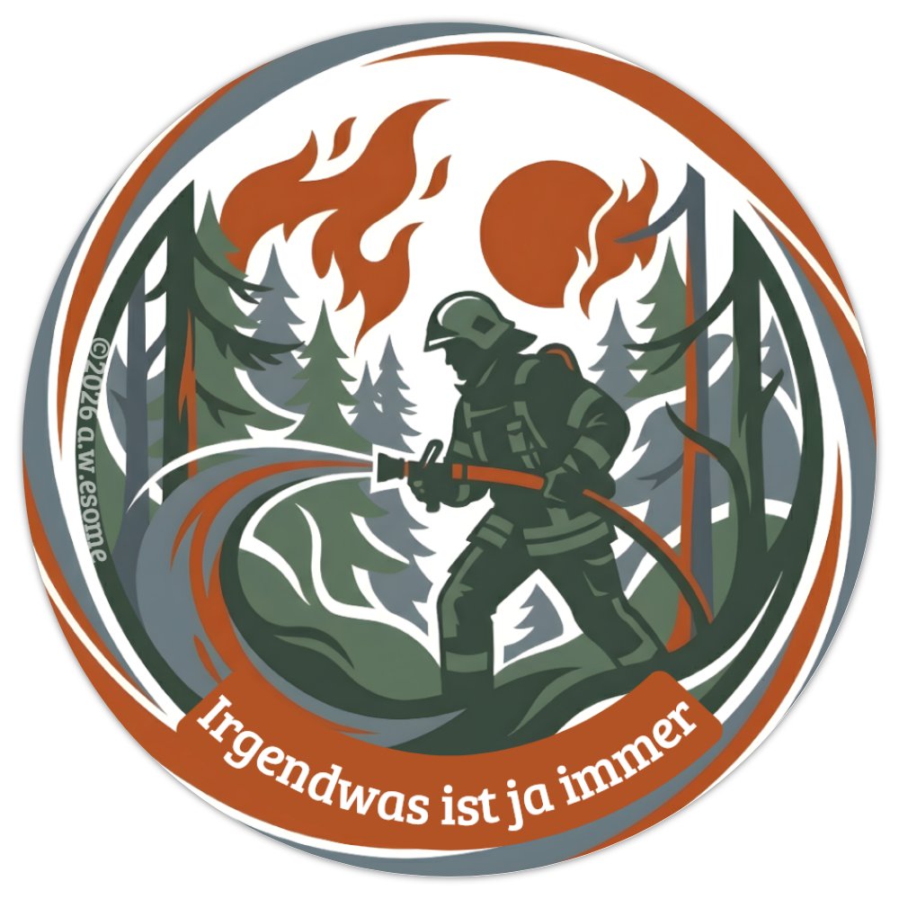 Detail des Aufklebers Motiv Waldbrand mit einer Einsatzkraft beim Löschen eines Feuers im Wald mit dem Strahlrohr.
