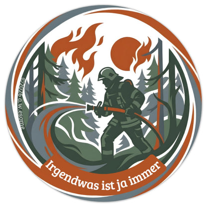 Detail des Aufklebers Motiv Waldbrand mit einer Einsatzkraft beim Löschen eines Feuers im Wald mit dem Strahlrohr.
